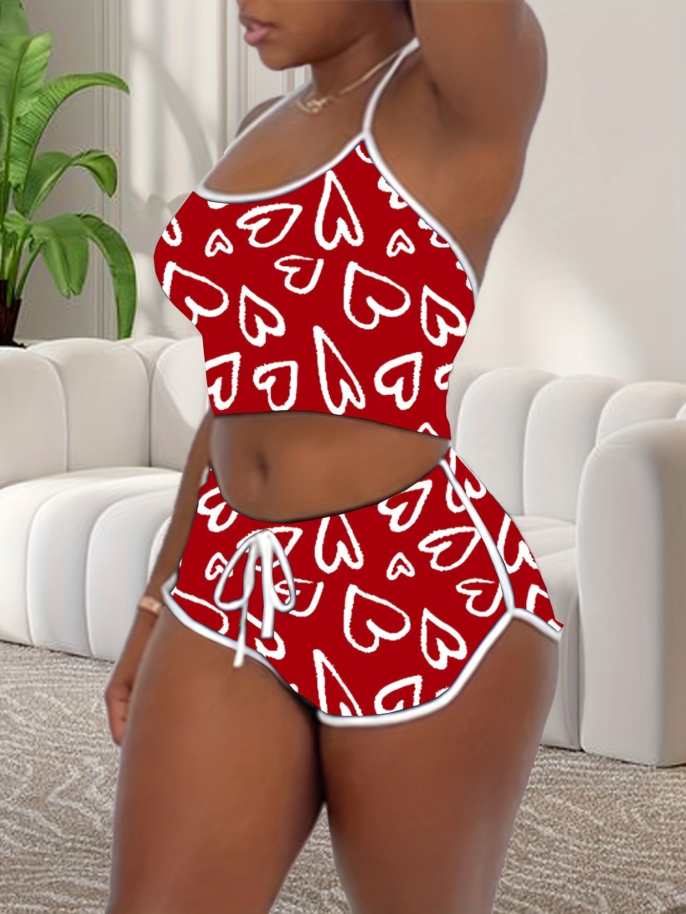 Women's Love Print Contrast Stitching Camisole Romper Set